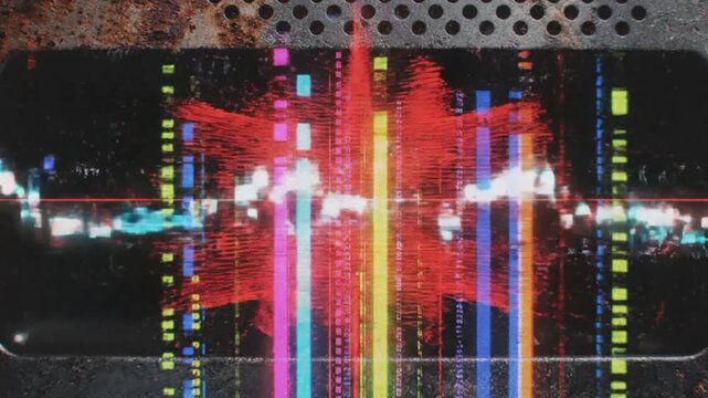 Abstract red digital code stream with glitch effect and scanning lines on dark background, futuristic cyber data flow concept for technology, hacking, security, and digital network themes.