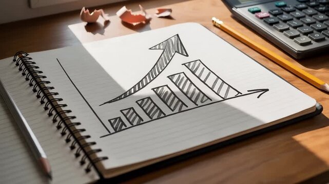 Financial Growth visualized: A close-up shot of a notebook featuring a rising graph, accompanied by office items, symbolizing progress, success and business growth.