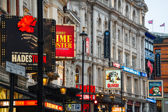 Shaftesbury Avenue West End Theatre District Cluster, Oliver Musical, Les Mis&eacute;rables, Hadestown, Sondheim, Apollo, Lyric, Gielgud Theaters Row, London, UK &ndash; March 2026