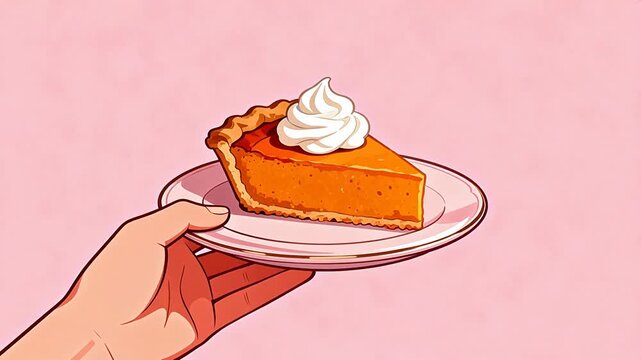 Hand holding slice of pie with cream