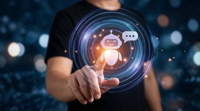 A man wearing a black t-shirt points with his index finger towards a smiling, luminous digital chatbot icon, surrounded by concentric blue and orange glowing circles in a dark setting.
