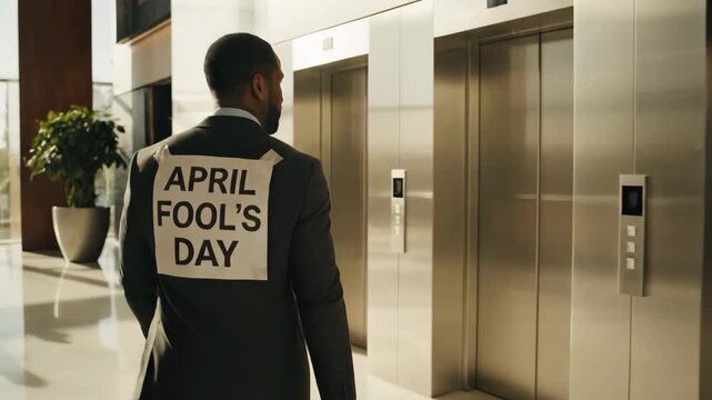 Businessman with April Fool's Day sign walking in office lobby