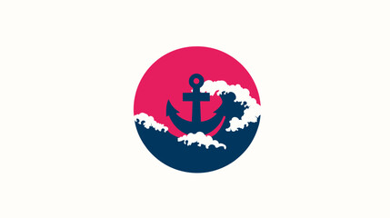 Nautical anchor and ocean waves graphic icon on a red circle background. Marine symbol of stability, sea travel, and adventure.