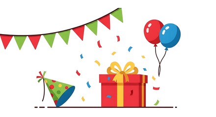 A festive illustration of a gift box with a bow, balloons, confetti, party hat and decorative bunting
