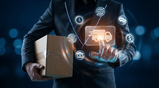 A business professional holds a cardboard box while interacting with a glowing holographic delivery truck icon surrounded by logistics and business symbols.