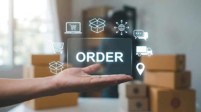 A hand forward, presenting a holographic display of the word 'ORDER' surrounded by various e-commerce, delivery, and logistics icons, set against a background of stacked cardboard shipping boxes.