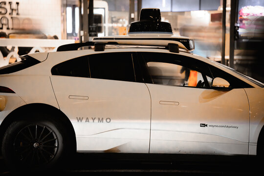 Waymo Driver Autonomous Robotaxi Electric Vehicle (Google Self-Driving Car Lidar, Radar) Jaguar I-PACE Driverless Taxi, London, England, UK &ndash;2026