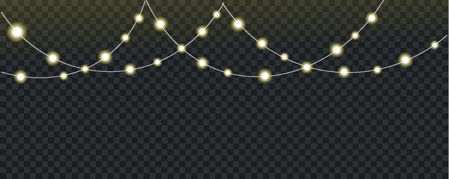 Illuminated string lights with glowing white and green bulbs cascade across a transparent dark background high-quality