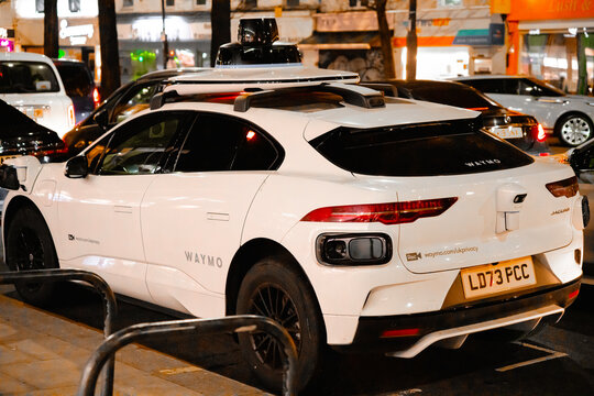 Waymo Driver Autonomous Robotaxi Electric Vehicle (Google Self-Driving Car Cameras, Lidar, Radar) Jaguar I-PACE Driverless Taxi, London, England, UK