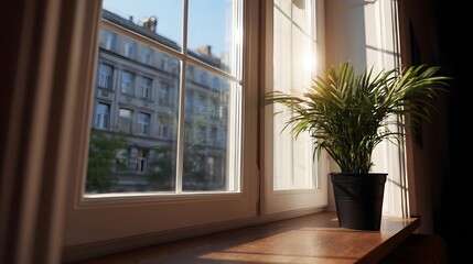 Fototapeta premium A lush potted plant sits on a wooden ill bathed in warm sunlight streaming through the window with a view of a city building outside