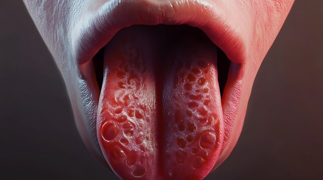 A close up of a person's tongue showing symptoms of a tongue infection or inflammation