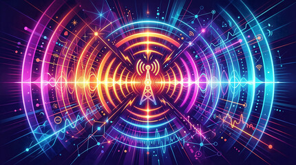 Obraz premium Stylized depiction of radio waves emanating from a central tower, representing communication and technology in a vibrant, energetic display.