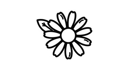 Black and white daisy flower illustration with outlined petals and leaves on plain background