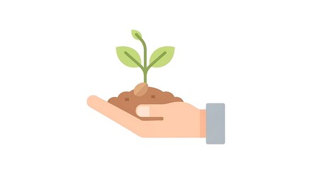 A flat illustration depicts a hand cradling a seedling emerging from soil. The sprout has light green leaves and stems