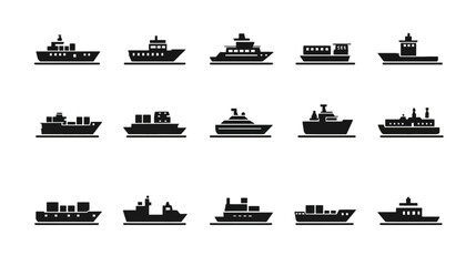 Obraz premium Collection of diverse ship and boat vector icons. Various sea transport vessel silhouettes for maritime and travel designs.