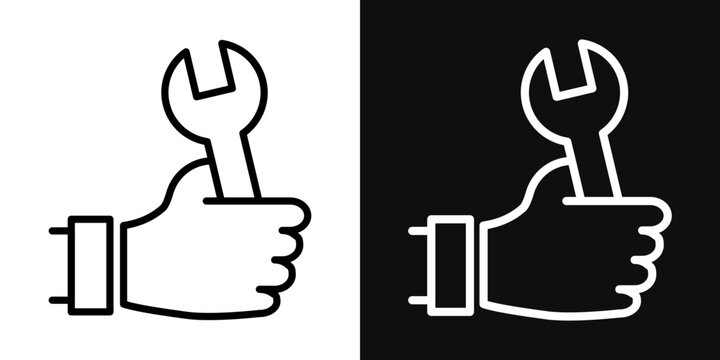 Spanner in hand icons set in black and white thin line stroke