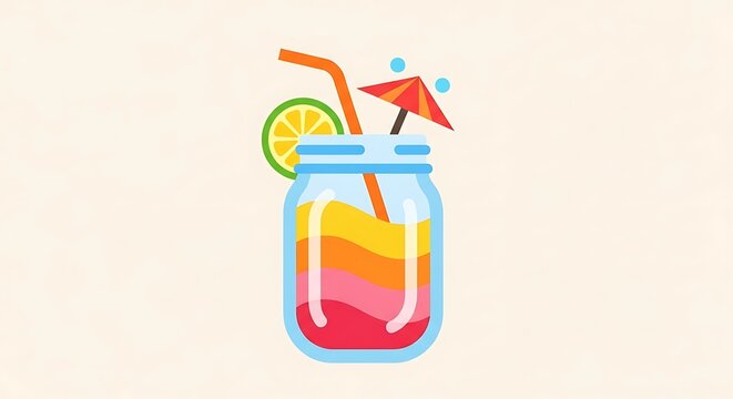 A colorful, layered tropical drink in a mason jar, garnished with a lime slice and a tiny umbrella, with a straw