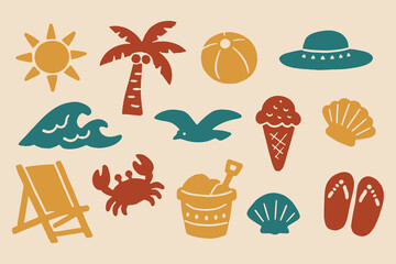 Fototapeta premium Beach vacation set minimal flat vector illustration