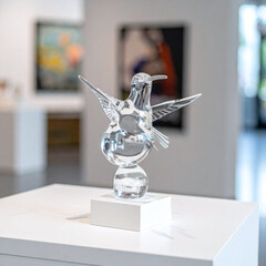 Fototapeta premium Exquisite clear glass hummingbird sculpture on a pedestal in a modern gallery. Symbolizing grace and fragility, this artistic piece is perfect for luxury decor and creative concepts.