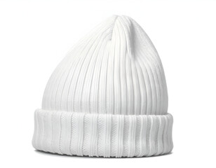 Ribbed knit white beanie, tilted, soft, warm, winter headwear