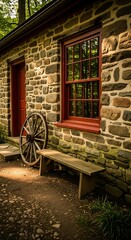Fototapeta premium Old Stone Barn with Wooden Bench and Wheel.
