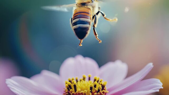 Bee Pollinating a Pink Flower in a Garden, Close-up Shot.