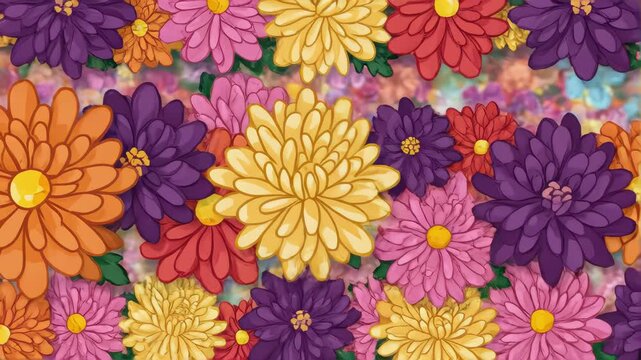 A vibrant and colorful illustrated chrysanthemums flowers cartoon seamless looped background, horizontal motion with parallax