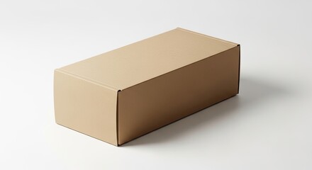 blank long cardboard shipping box, minimalist white studio background, packaging mockup concept
