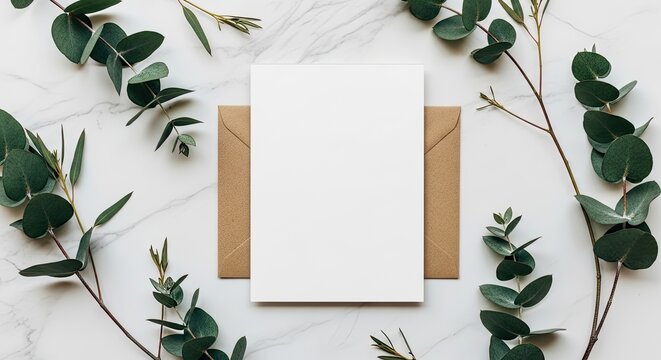 Blank greeting card and kraft envelopes with eucalyptus branches, marble stationery mockup concept