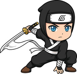 Obraz premium Cute ninja warrior cartoon character holding sword in fighting pose anime style chibi fighter illustration isolated on white background