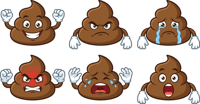 Funny poop emoji characters showing different emotions happy angry crying surprised cartoon set humorous illustration isolated on white background