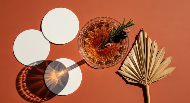Craft cocktail with garnish, blank coasters and dried palm leaf, terracotta boho mockup concept