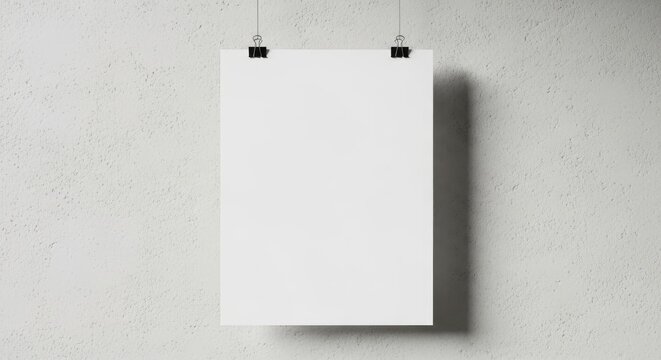 Blank hanging poster with binder clips textured concrete wall minimalist mockup design concept