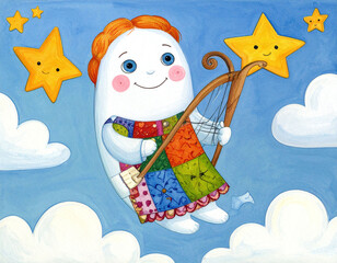 Naklejka premium Whimsical watercolor illustration of a cute angel character in a patchwork dress playing a harp amidst smiling stars and fluffy clouds. Ideal for childrens books and nursery decor.
