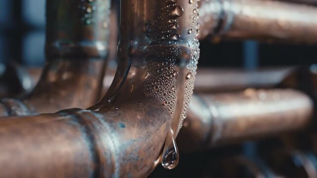 Close-up of copper pipes with water droplets, industrial setting.