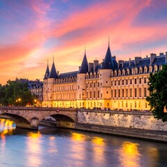 Obraz premium Parisian Splendor - Conciergerie at Sunset on the Seine River.