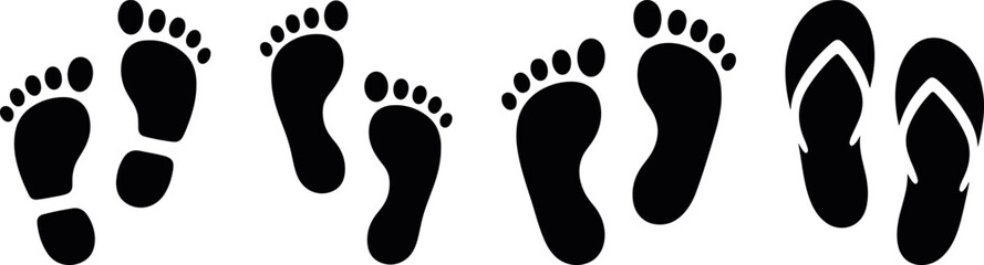 footprint and flip flop sandal silhouette icon set vector, beach walk step track symbol collection summer travel theme, human foot mark graphic elements pack