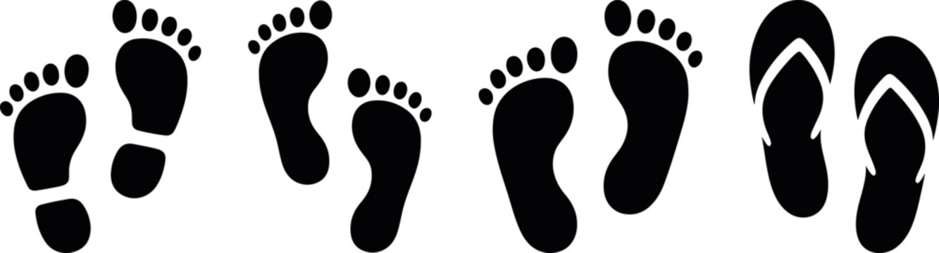 footprint and flip flop sandal silhouette icon set vector, beach walk step track symbol collection summer travel theme, human foot mark graphic elements pack