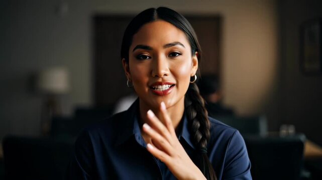 Professional Asian businesswoman speaking in a video conference call about quarterly priorities.