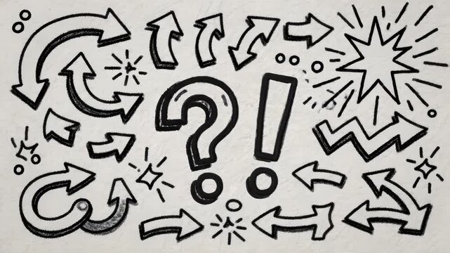 Set of doodle animated elements including hand-drawn of arrows, spark, question and exclamation mark symbols. Perfect for motion graphics, creative videos, and playful design projects.