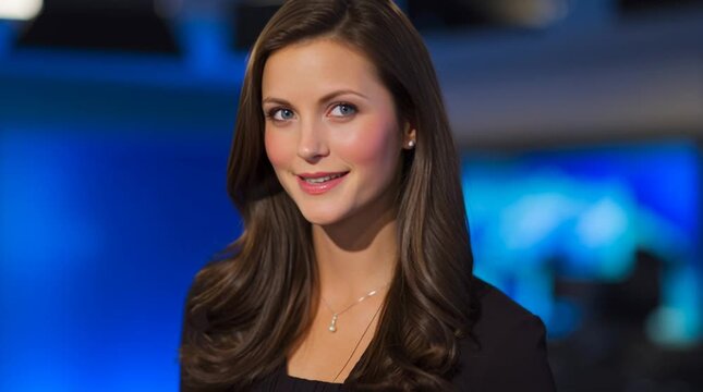 Television anchor framed unnaturally centered with stiff posture and expressionless face under perfectly controlled studio lighting, conveying artificial neutrality and controlled media presentation.

