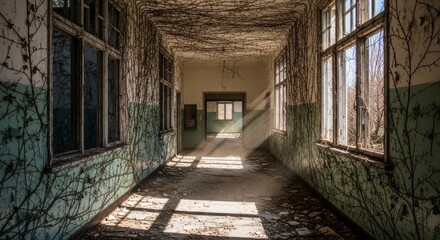 Obraz premium Sunlight shines through the windows of an abandoned building.