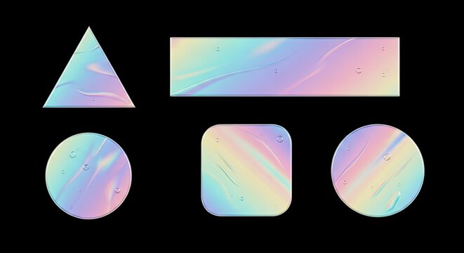 iridescent geometric shape set with pastel fluid gradients, minimalist mockup design concept