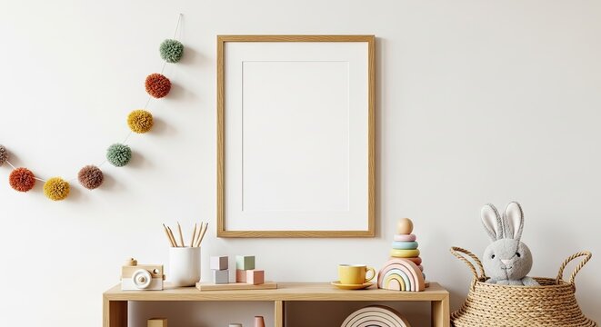 Empty wooden frame mockup with cozy nursery playroom decor, kids room decor concept