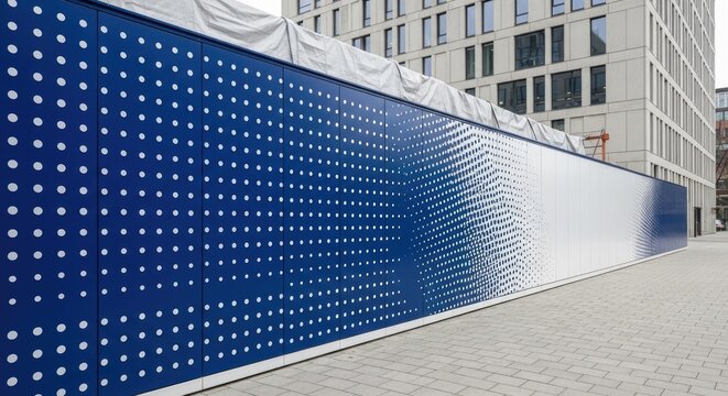 Perforated metal construction hoarding, blue-white dotted gradient, urban city backdrop, modern design concept