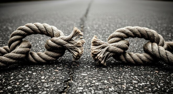 A frayed rope lies broken on asphalt, symbolizing a severed connection.