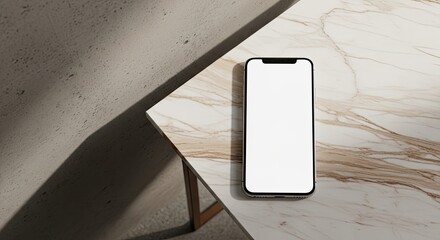 Smartphone with blank white screen on marble concrete tabletop, minimalist mockup Concept