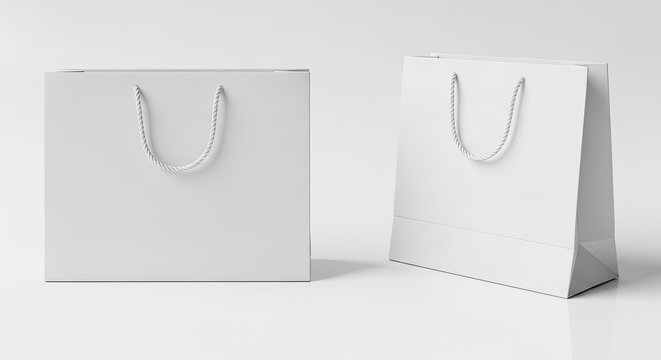 two blank white paper shopping bags with rope handles, minimalist retail mockup concept