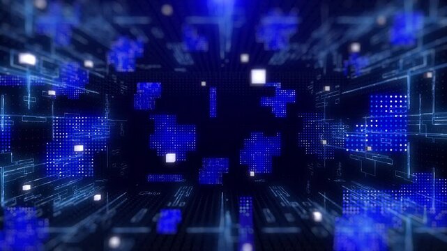 Technology digital cyberspace data storage network simulation platform. Futuristic blue 3d layer of grid, hud interface system 4K motion background