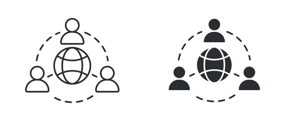 Global network icon set, people connected around globe communication symbol, in outline and solid silhouette style. Vector illustration.